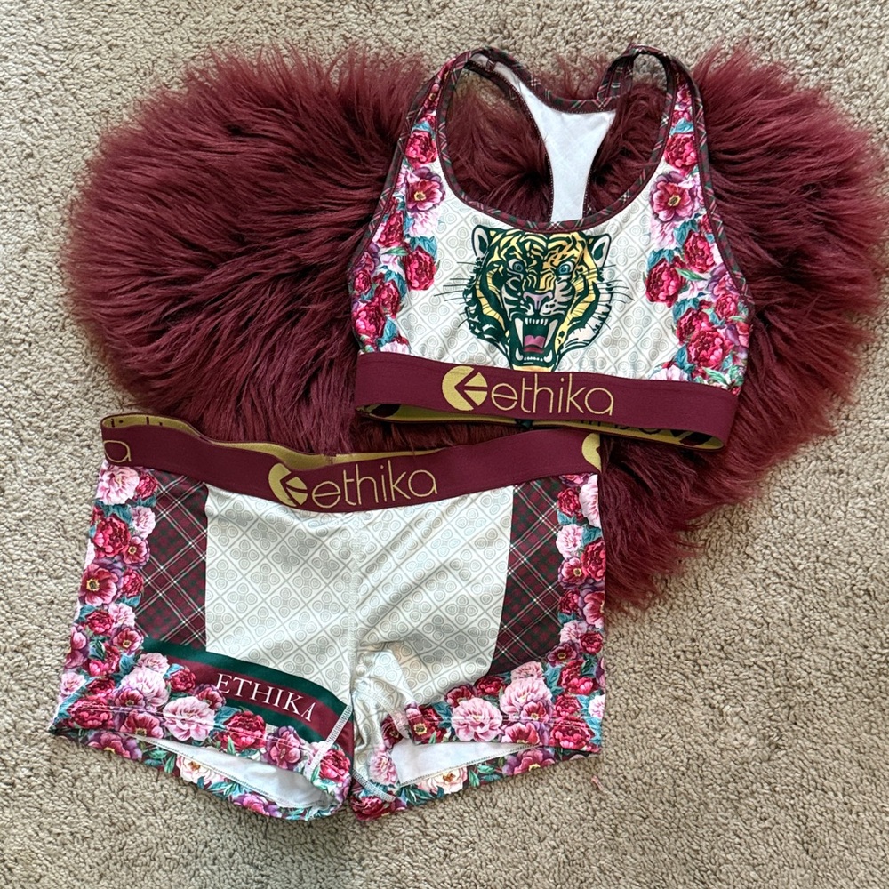 Ethika Tiger Floral Sports Bra & Boyshort Set – Burgundy Waistband – (Size M)